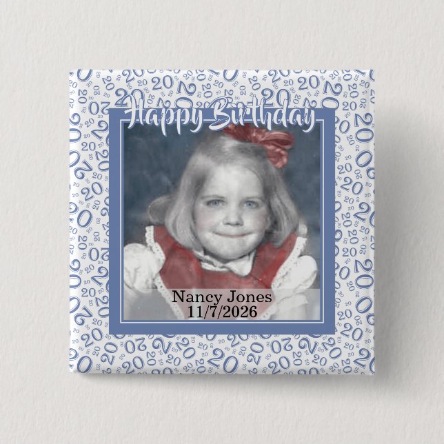 Your Photo 20 Random Number Pattern Blue/White 15 Cm Square Badge (Front)