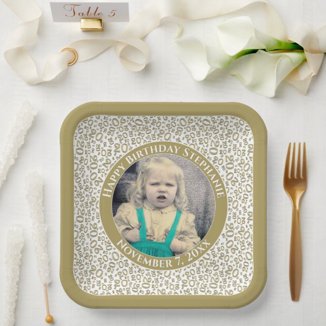 Your Photo 20 Random Number Pattern Gold/White  Paper Plate (Wedding)