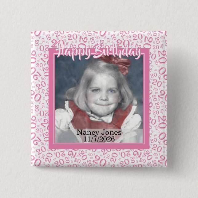 Your Photo 20 Random Number Pattern Pink/White 15 Cm Square Badge (Front)