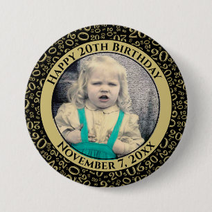 Your Photo 20th Birthday Number Black/Gold Pattern 7.5 Cm Round Badge