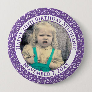Your Photo 20th Birthday Random Number Purple 10 Cm Round Badge