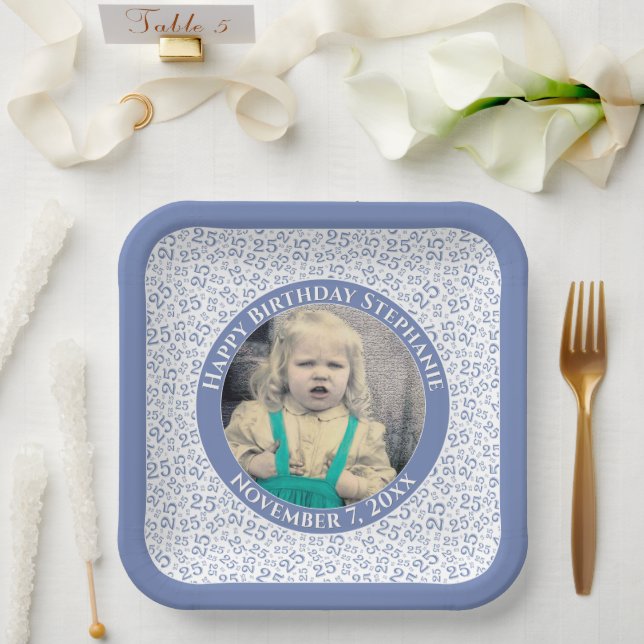 Your Photo 25 Random Number Pattern Blue/White  Paper Plate (Wedding)