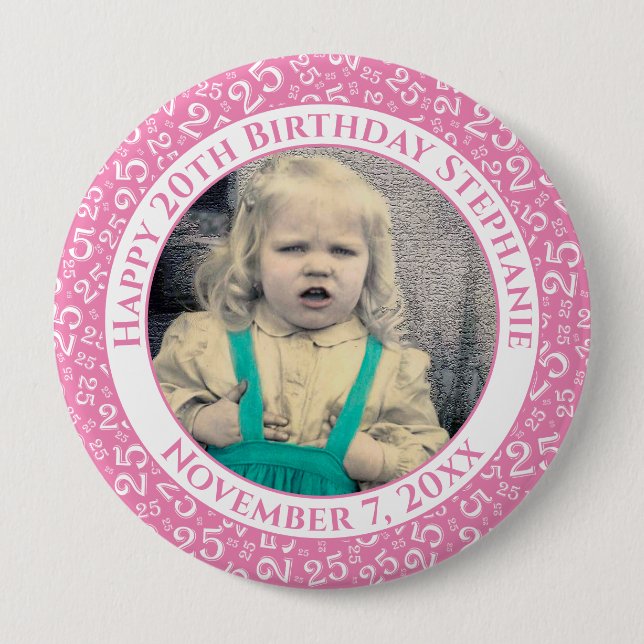 Your Photo | 25th Birthday Number Pattern Pink 10 Cm Round Badge (Front)