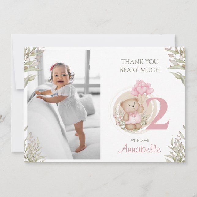 Your Photo 2nd Birthday Girl Flat Thank You Card (Front)