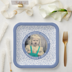 Your Photo 30 Random Number Pattern Blue/White  Paper Plate