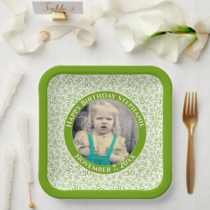 Your Photo 30 Random Number Pattern Green/White  Paper Plate