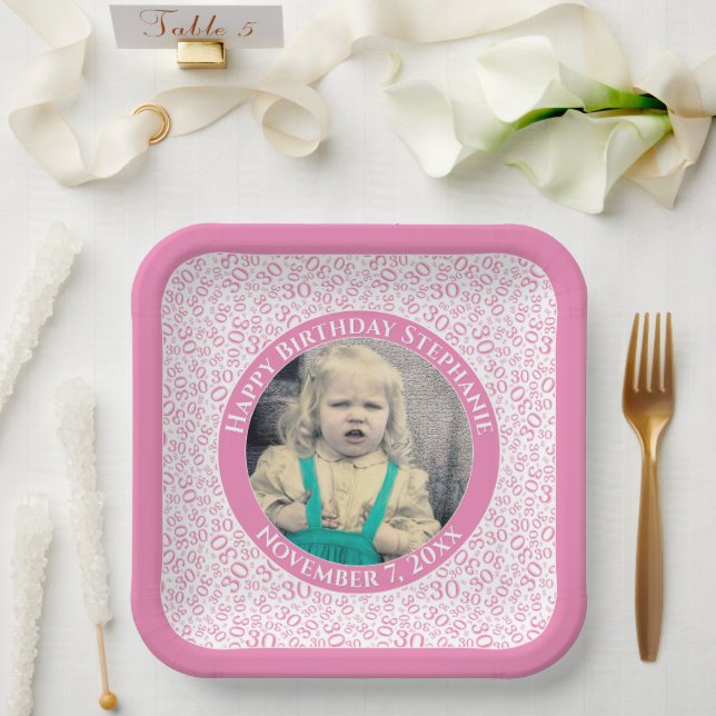 Your Photo 30 Random Number Pattern Pink/White  Paper Plate (Wedding)