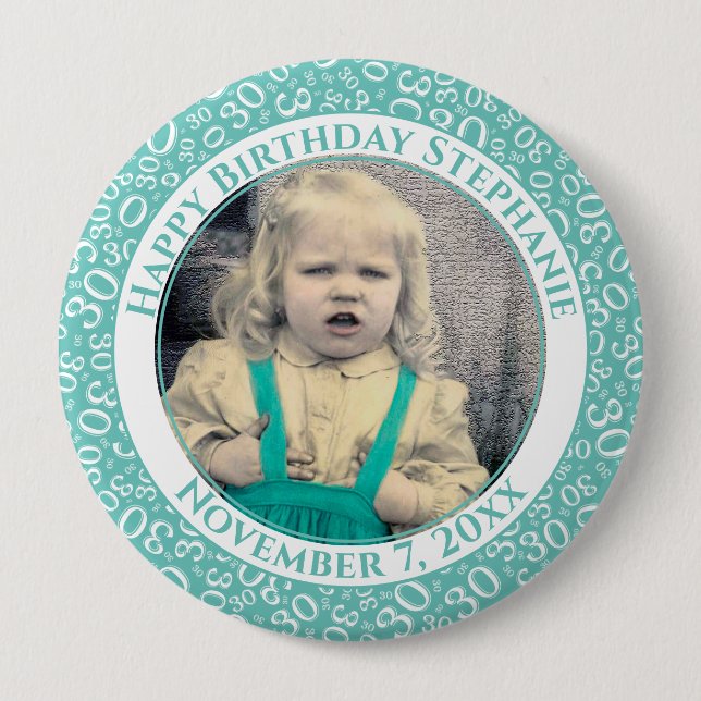 Your Photo 30th Birthday Number Pattern | Teal 10 Cm Round Badge (Front)