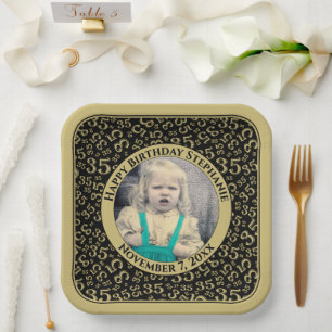 Your Photo 35 Random Number Pattern Black/Gold Paper Plate