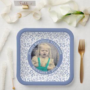 Your Photo 35 Random Number Pattern Blue/White Paper Plate