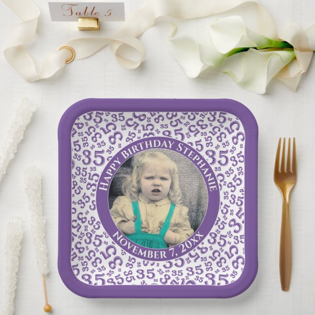 Your Photo 35 Random Number Pattern Purple/White Paper Plate (Wedding)