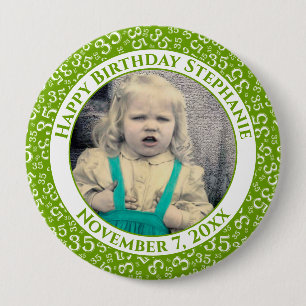 Your Photo 35th Birthday Number Pattern   Green 10 Cm Round Badge