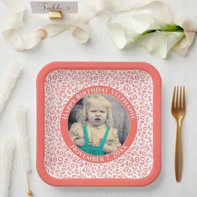 Your Photo 40 Random Number Pattern Coral/White  Paper Plate (Wedding)