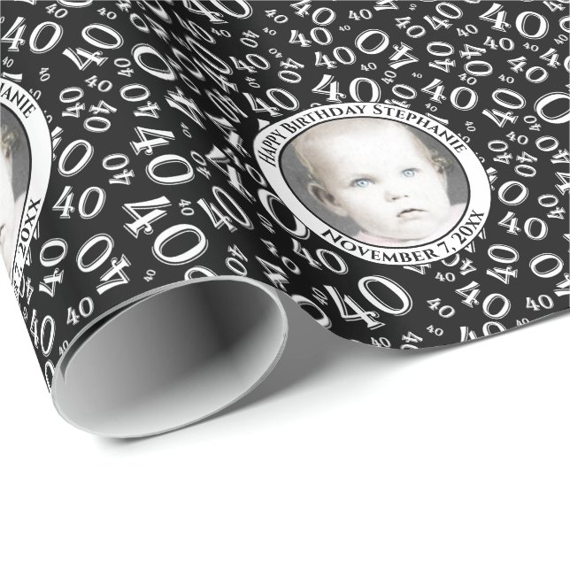 Your Photo | 40th Back/White Number Pattern Wrapping Paper (Roll Corner)