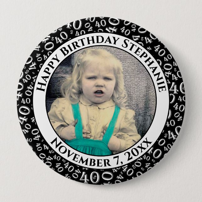 Your Photo 40th Birthday Number Pattern | Black 10 Cm Round Badge (Front)