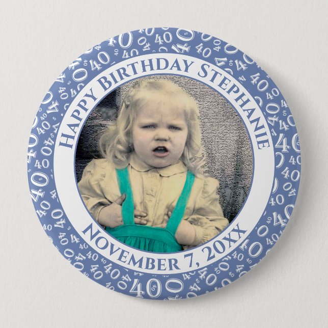 Your Photo 40th Birthday Number Pattern | Blue 10 Cm Round Badge (Front)