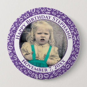 Your Photo 40th Birthday Number Pattern   Purple 10 Cm Round Badge