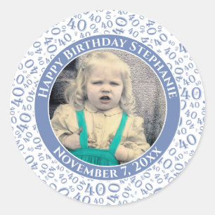 Your Photo 40th Random Number Pattern Blue Classic Round Sticker