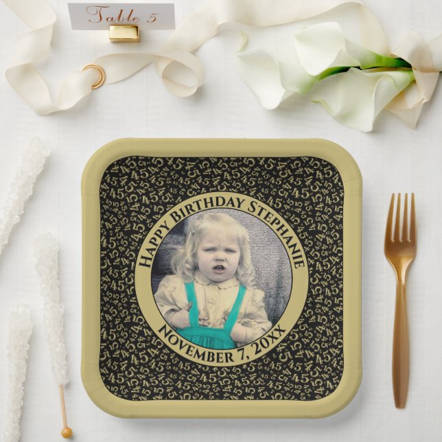 Your Photo 45 Random Number Pattern Black/Gold  Paper Plate (Wedding)
