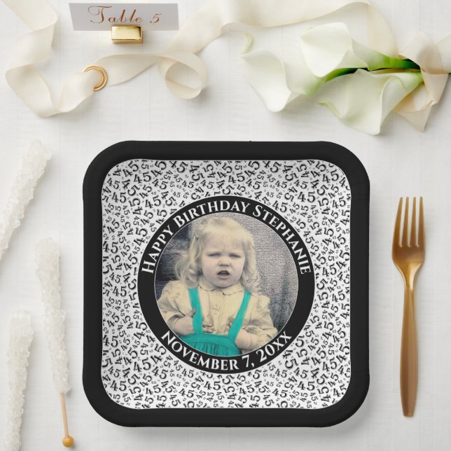 Your Photo 45 Random Number Pattern Black/White  Paper Plate (Wedding)