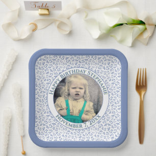 Your Photo 45 Random Number Pattern Blue/White Paper Plate