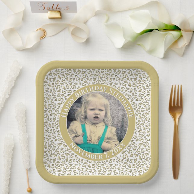 Your Photo 45 Random Number Pattern Gold/White  Paper Plate (Wedding)