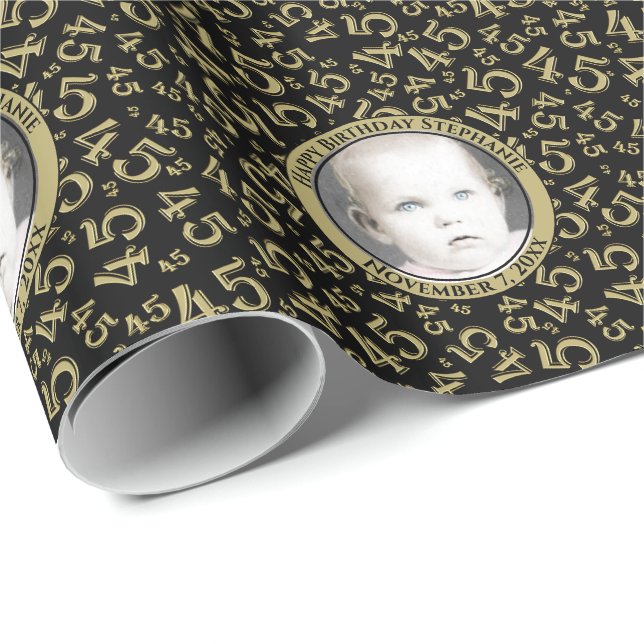 Your Photo | 45th Black/Gold Number Pattern 45 Wrapping Paper (Roll Corner)