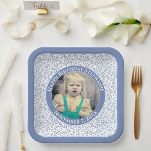 Your Photo 50 Random Number Pattern Blue/White  Paper Plate