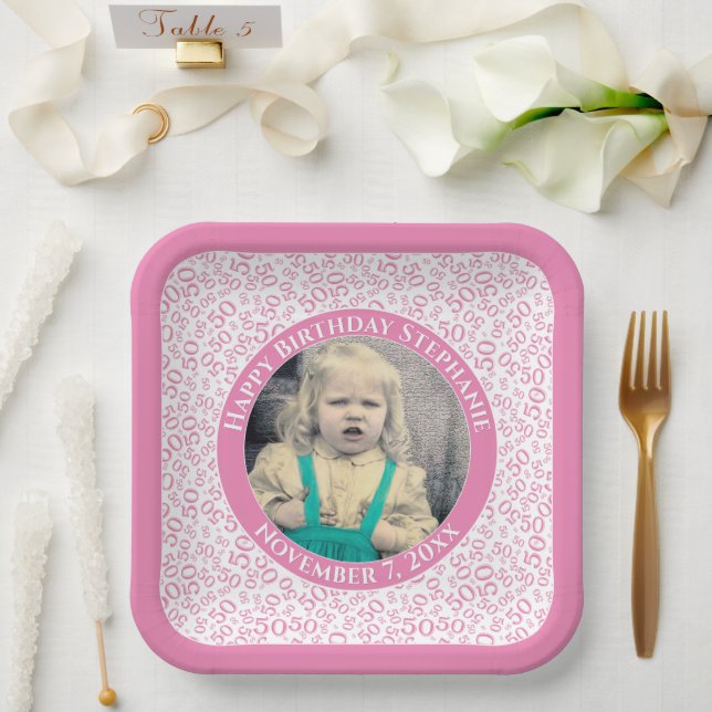 Your Photo 50 Random Number Pattern Pink/White  Paper Plate (Wedding)