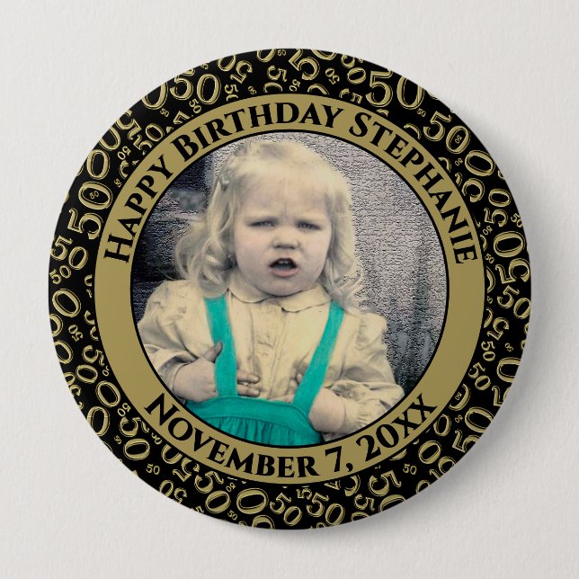 Your Photo 50th Birthday Number | Black/Gold 10 Cm Round Badge (Front)
