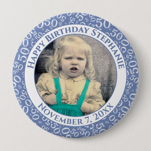Your Photo 50th Birthday Number Pattern | Blue 10 Cm Round Badge (Front)