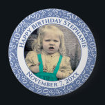 Your Photo 50th Birthday Number Pattern | Blue 10 Cm Round Badge<br><div class="desc">This is a commemorative button with your photo and text for celebrating your 50th Birthday. There is a text template to make it easy to change the message and date. There is also a photo template to make it easy to add your image. This blue-and-white picture frame is a random...</div>