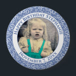 Your Photo 50th Birthday Number Pattern | Blue 10 Cm Round Badge<br><div class="desc">This is a commemorative button with your photo and text for celebrating your 50th Birthday. There is a text template to make it easy to change the message and date. There is also a photo template to make it easy to add your image. This blue-and-white picture frame is a random...</div>
