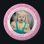 Your Photo 50th Birthday Number Pattern | Pink 10 Cm Round Badge<br><div class="desc">This is a commemorative button with your photo and text for celebrating your 50th Birthday. There is a text template to make it easy to change the message and date. There is also a photo template to make it easy to add your image. This pink-and-white picture frame is a random...</div>