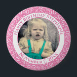 Your Photo 50th Birthday Number Pattern | Pink 10 Cm Round Badge<br><div class="desc">This is a commemorative button with your photo and text for celebrating your 50th Birthday. There is a text template to make it easy to change the message and date. There is also a photo template to make it easy to add your image. This pink-and-white picture frame is a random...</div>