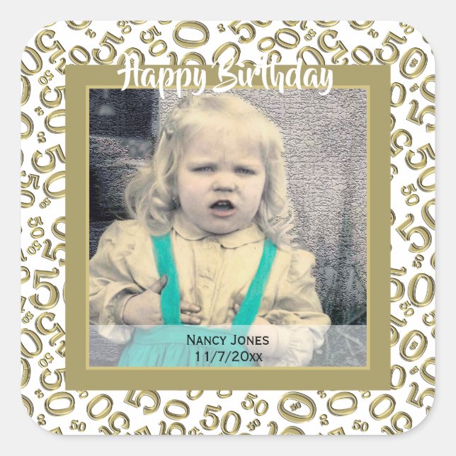 Your Photo:  50th Number Pattern Gold and White Square Sticker (Front)