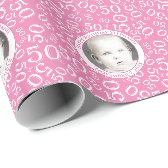 Your Photo | 50th Pink Random Number Pattern Wrapping Paper (Roll Corner)