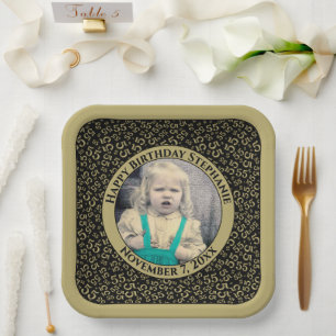 Your Photo 55 Random Number Pattern Black/Gold  Paper Plate