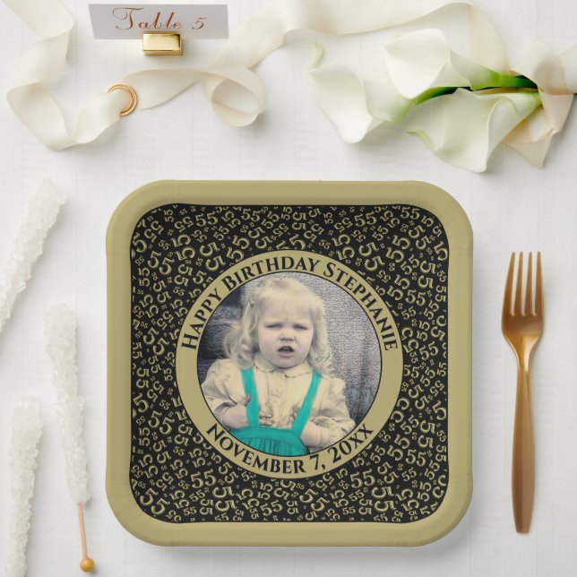 Your Photo 55 Random Number Pattern Black/Gold  Paper Plate (Wedding)