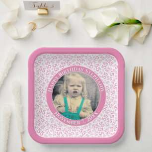Your Photo 55 Random Number Pattern Pink/White Paper Plate
