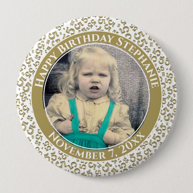 Your Photo 55th Birthday Number | Gold White 10 Cm Round Badge (Front)