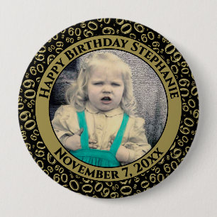 Your Photo 60th Birthday Number Pattern Black/Gold 10 Cm Round Badge