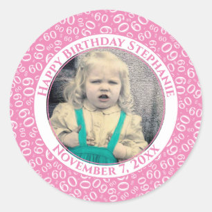 Your Photo 60th Birthday Number   Pink/White 60 Classic Round Sticker