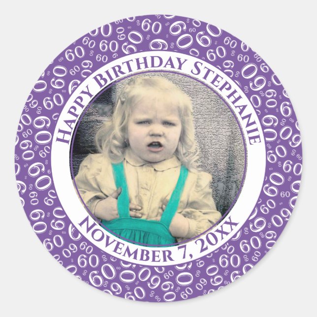 Your Photo 60th Birthday Number | Purple/White 60 Classic Round Sticker (Front)