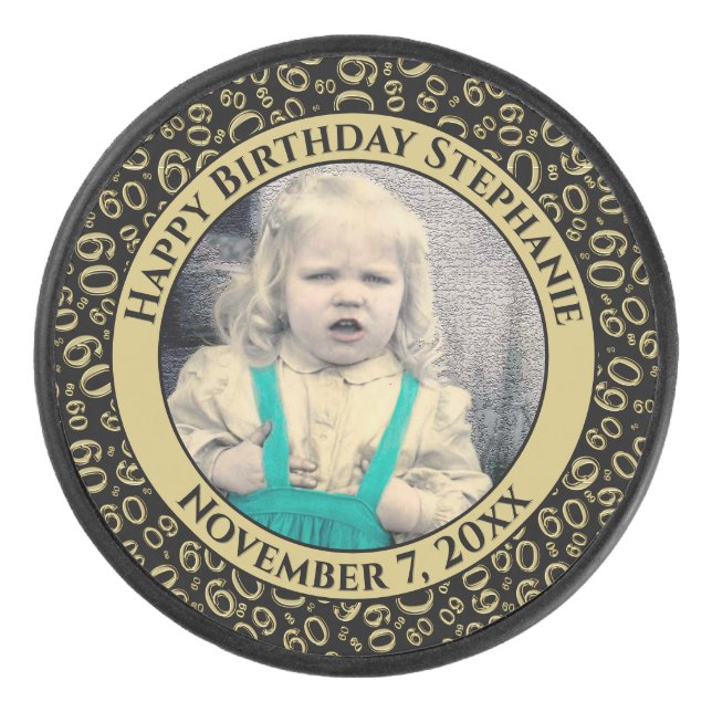 Your Photo 60th Random Number Pattern Black/Gold Hockey Puck (Front)