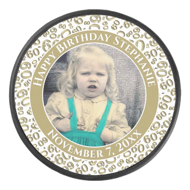 Your Photo 60th Random Number Pattern Gold/White Hockey Puck (Front)