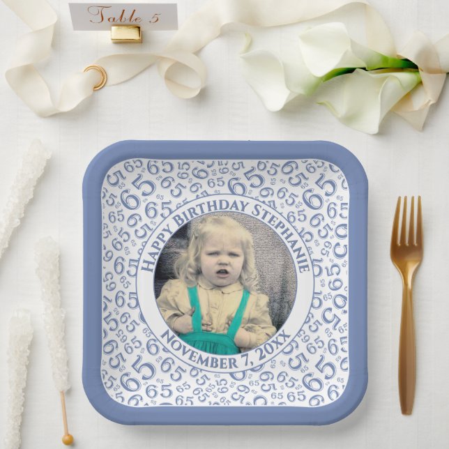 Your Photo 65 Random Number Pattern Blue/White  Paper Plate (Wedding)