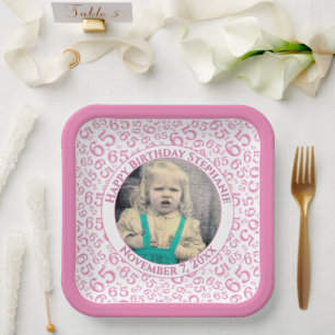 Your Photo 65 Random Number Pattern Pink/White Paper Plate