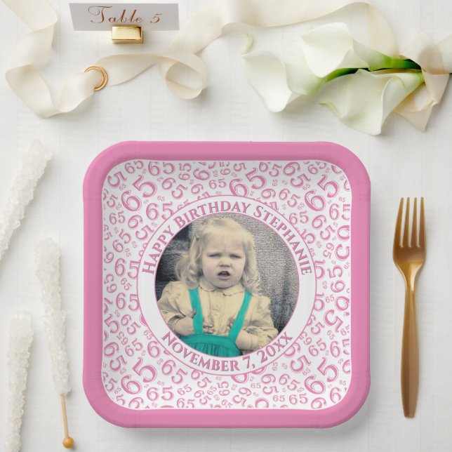 Your Photo 65 Random Number Pattern Pink/White  Paper Plate (Wedding)