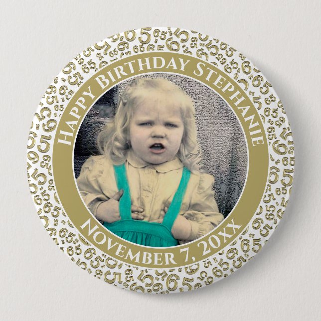 Your Photo 65th Birthday Number Pattern | Gold 10 Cm Round Badge (Front)